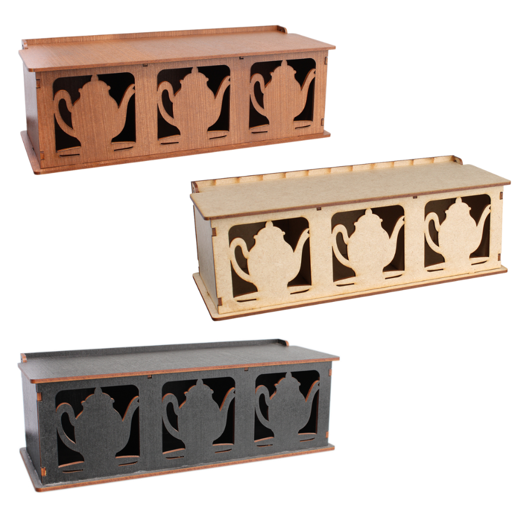 Porta Sachê para Chá Com 3 Divisória Mdf Bule Decoração Artesanal 8,5x10x25 Cru Marrom Preto