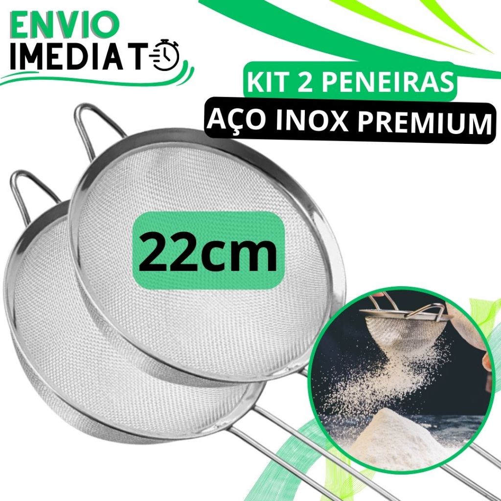 KIT Jogo 2 Peneira Coador Manual GRANDE 22cm 12cm Aço Inox PREMIUM Para Cozinha Casa Restaurante Óleo Farinha