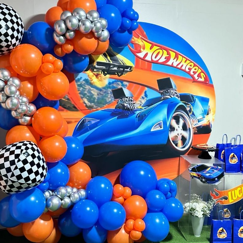 Balão de aniversário kit com 129 pçs Hot Wheels Azul + Laranja + Prata para decoração de Festas.