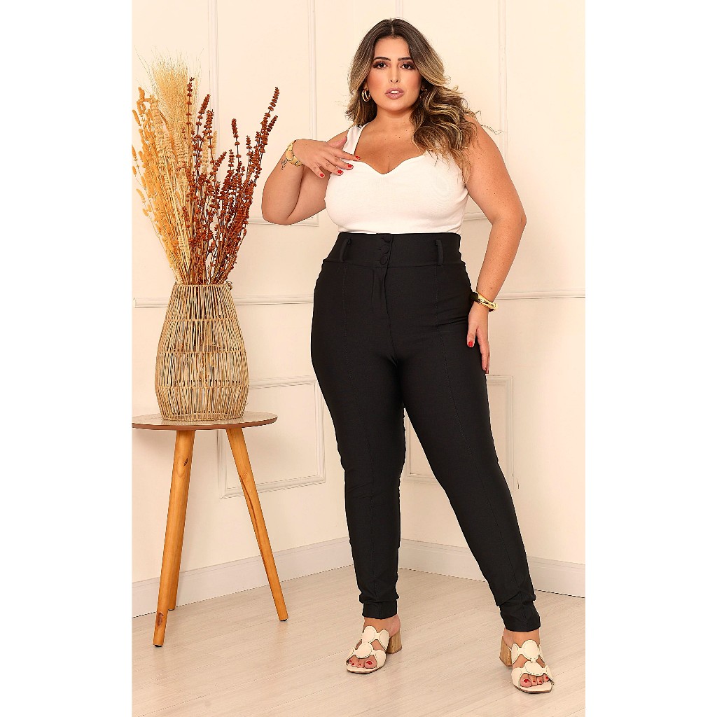 Calça Legging Feminino Montaria Plus Size Suplex Power Cintura Alta 3 Botões forrado e Zíper Frontal - G1 ao G3