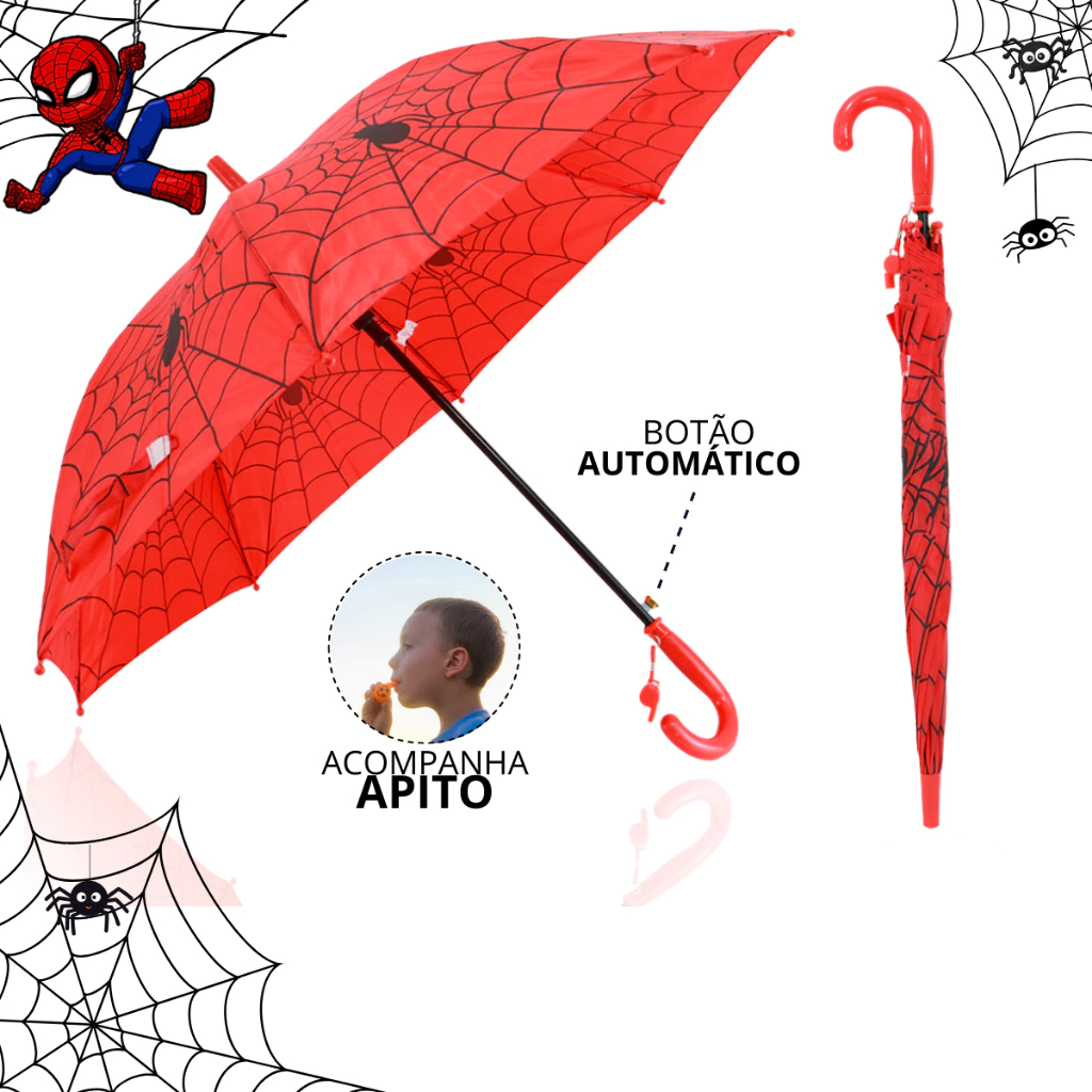 Guarda Chuva Infantil Homem Aranha Automático Reforçado Com Apito em Oferta na Shopee