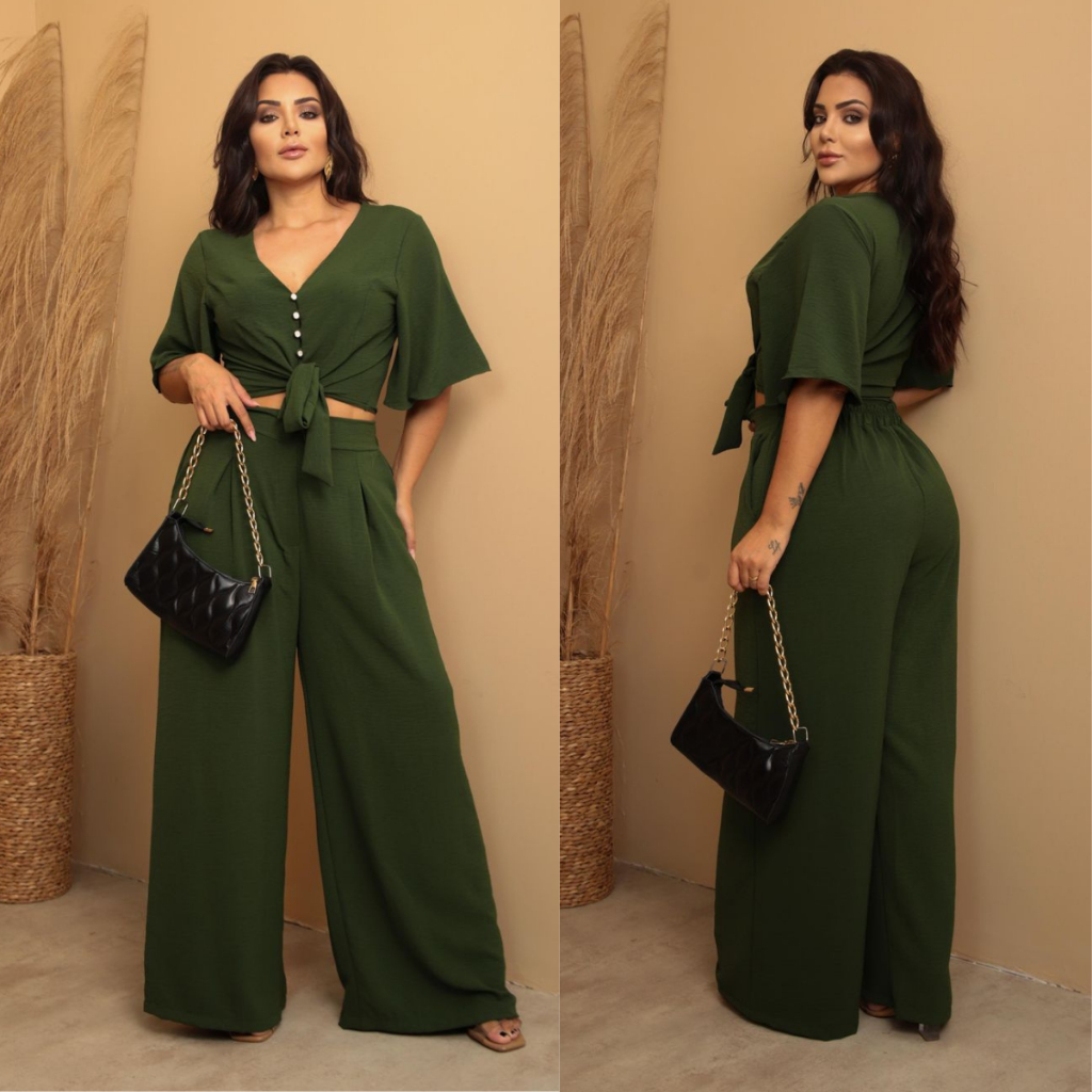 Conjunto Calça Pantalona e Blusa De Botão Feminina em Tecido Duna