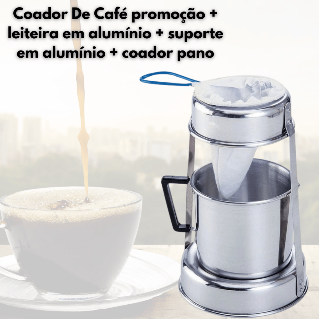 Coador De Café leiteira em aluminio+suporte em aluminio+coador pano,viagem,férias,sitios,promoção