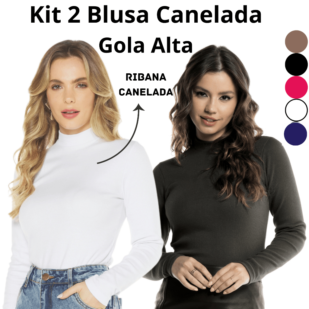 Kit 2 Blusa Cacharrel Manga Longa Gola Alta Canelada Feminina 505245-K2