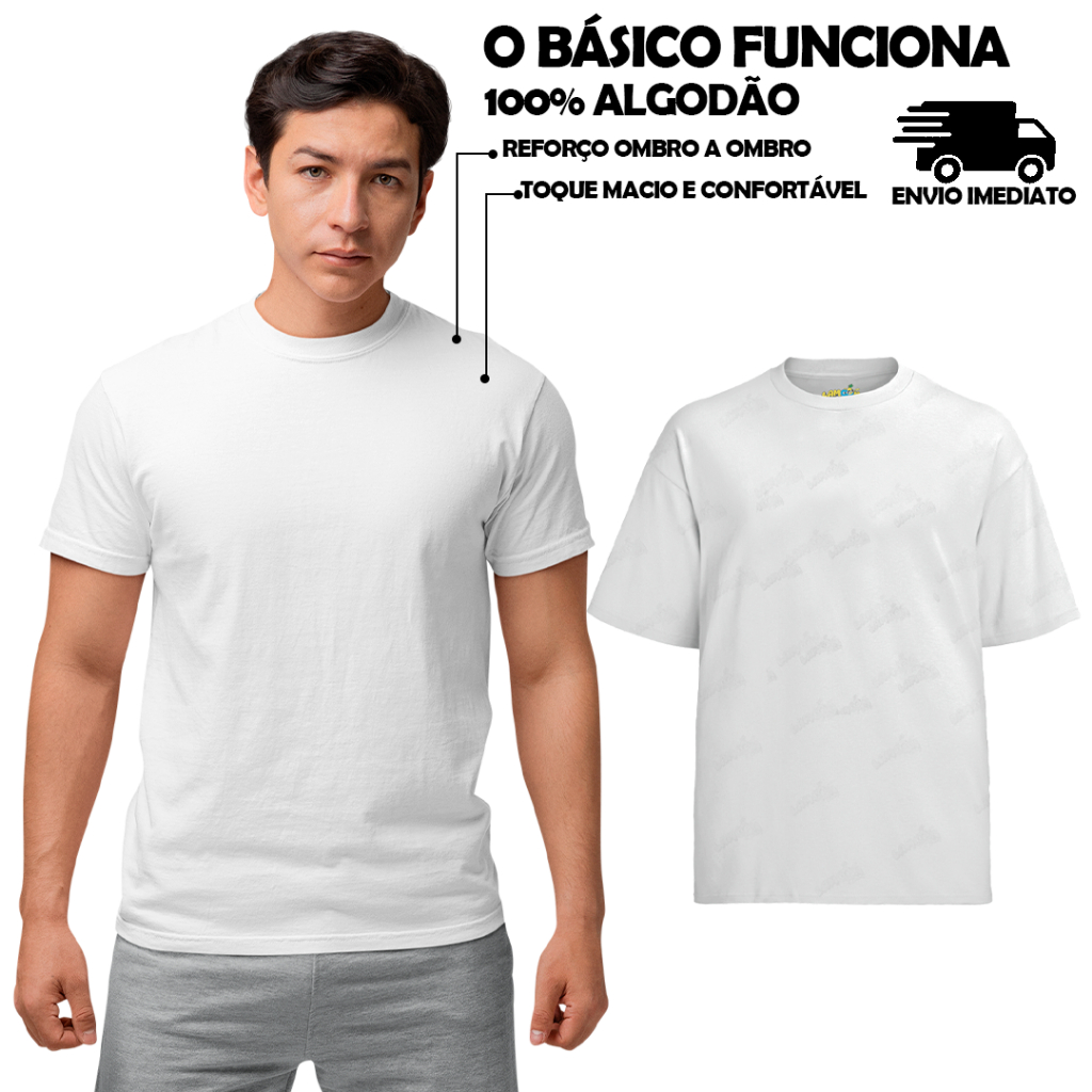 Camiseta Básica Lisa 100% Algodão Branca Camisa Camiseta Básica