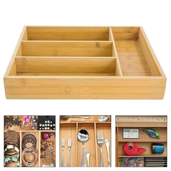 Organizador de Talher Bambu 4 Divisórias Gaveta Porta Separador de Compartimentos Cozinha Madeira