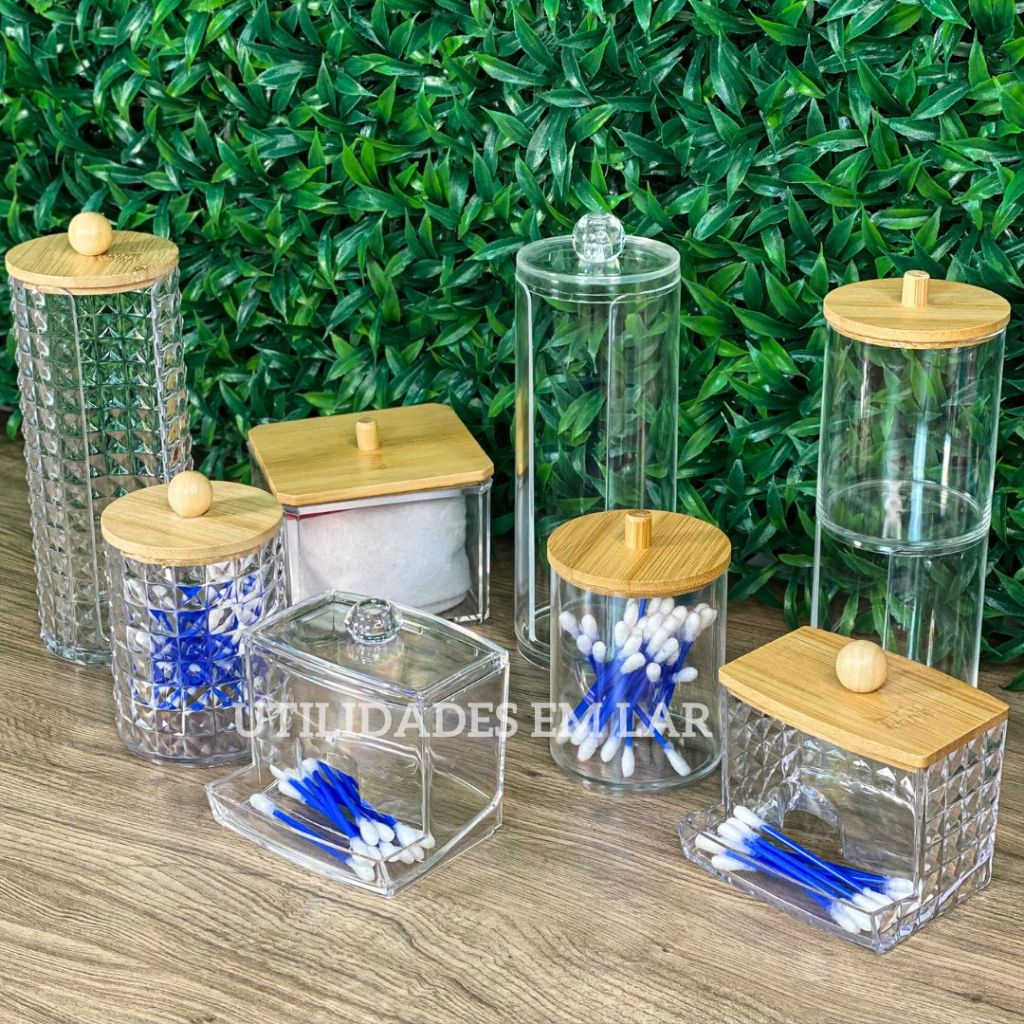 Organizador Porta Algodão E Cotonete Acrílico Tampa Bambu Resistente  2em1 Kit Redondo Mul...