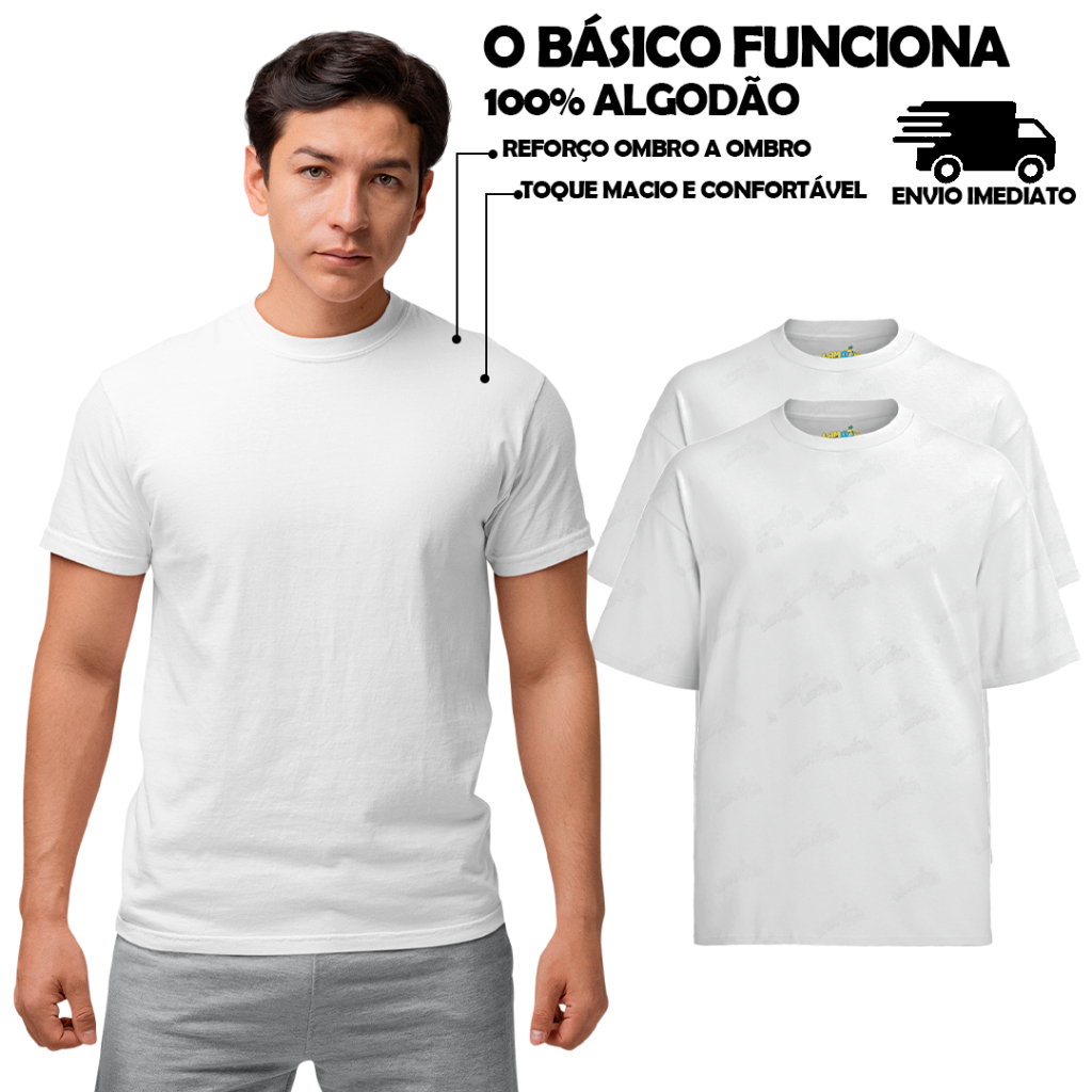 Kit 2 Camiseta Básicas Lisa 100% Algodão Branca Camisa Camiseta Básica