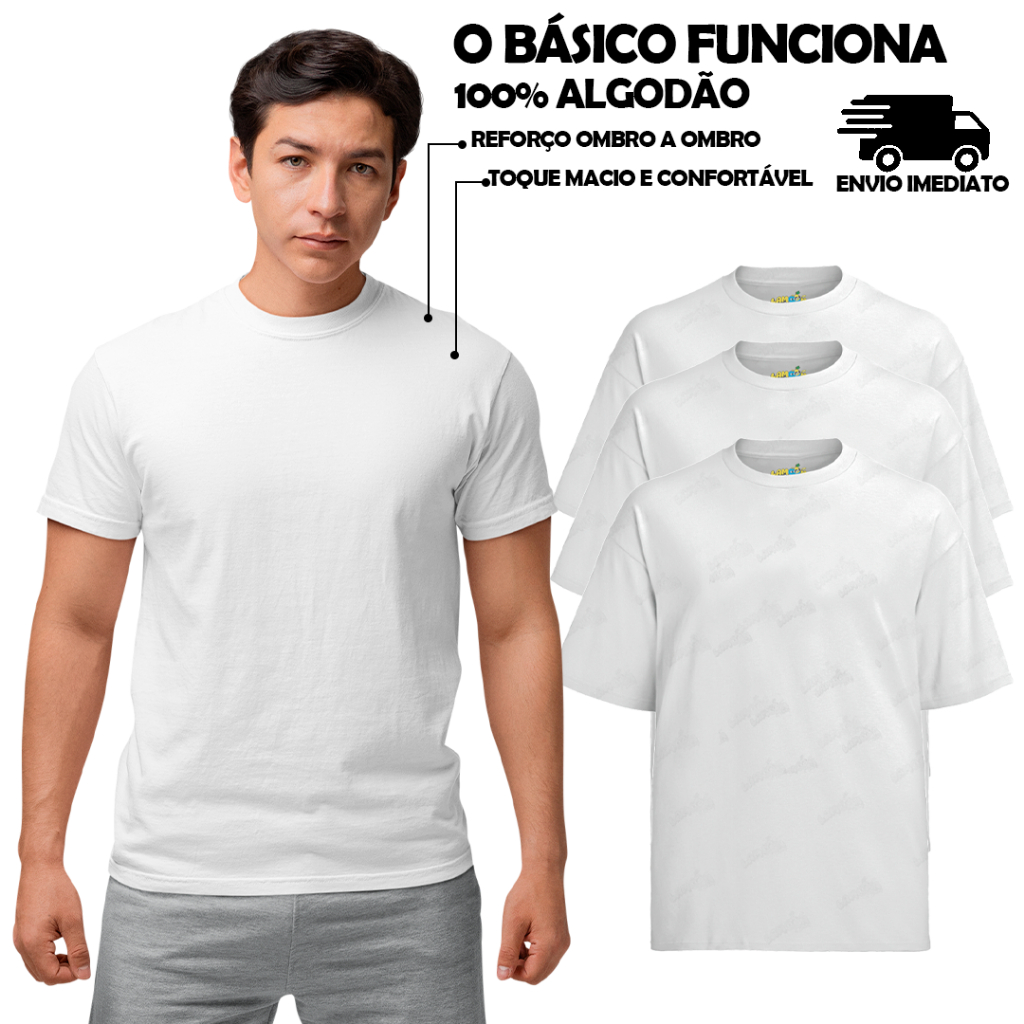 Kit 3 Camisetas Básicas Lisa 100% Algodão Branca Camisa Camiseta Básica