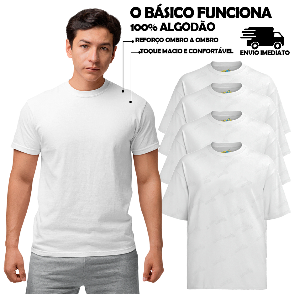 Kit 4 Camisetas Básicas Lisa 100% Algodão Branca Camisa Camiseta Básica