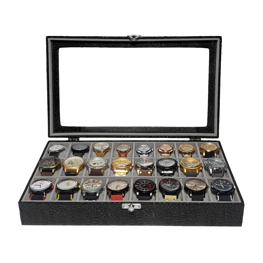 Organizador Para 24 relógios com Vidro Preto Interno Cinza