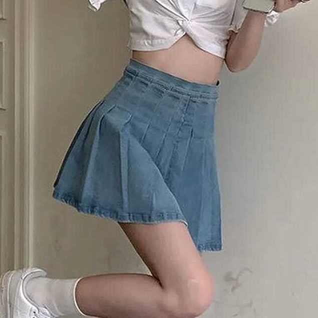 Saia Plissada, Pregueada Jeans Colegial Casual Coreano em Oferta na Shopee