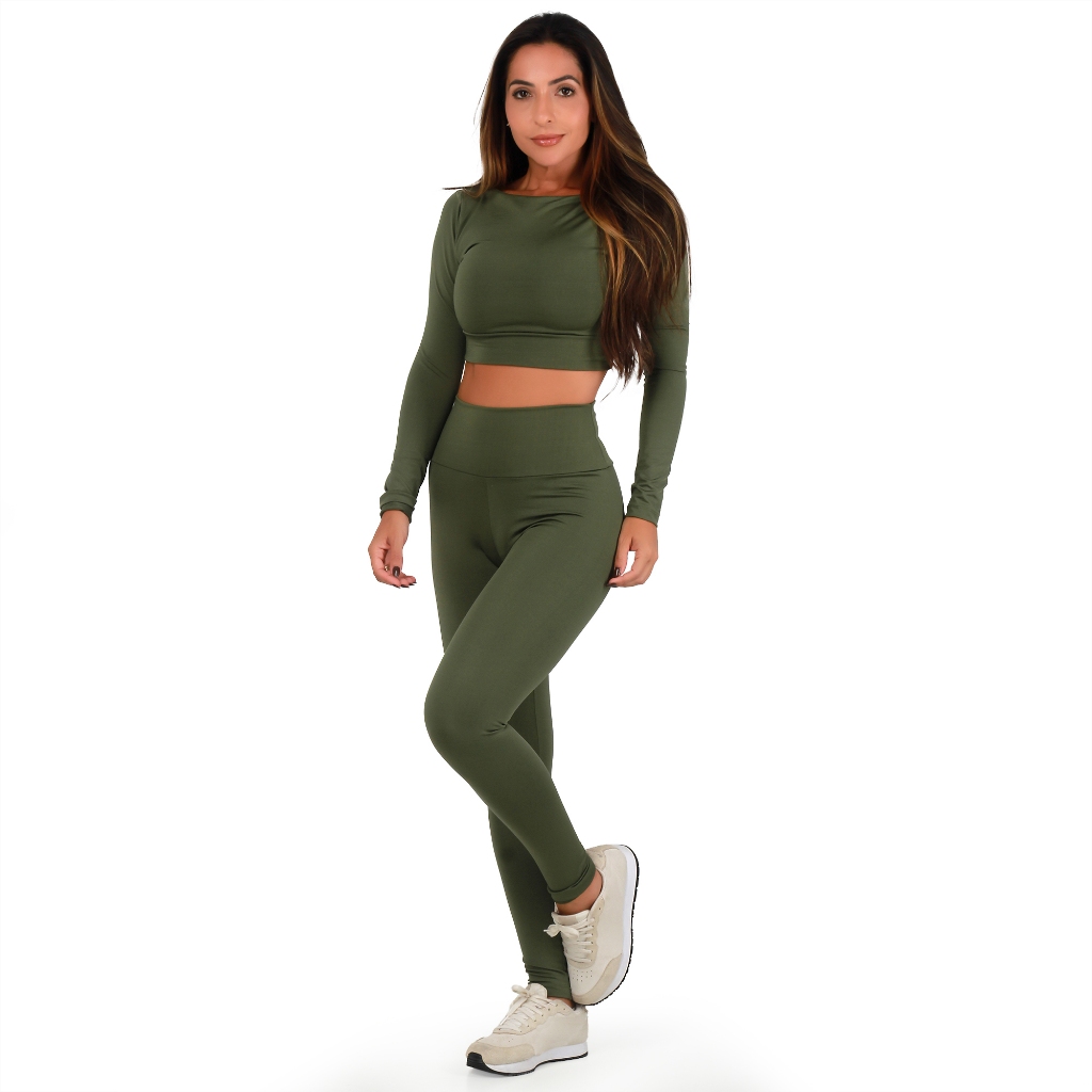Conjunto Fitness Feminino Academia Cropeed Manga Longa + Calça Blackout Zero Transparencia