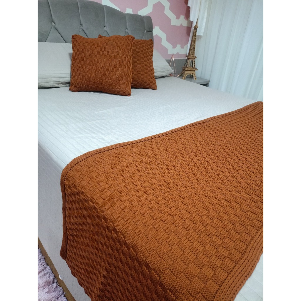 Kit Manta Peseira Tricot Ponto Quadriculado + 2 Capas de Almofadas