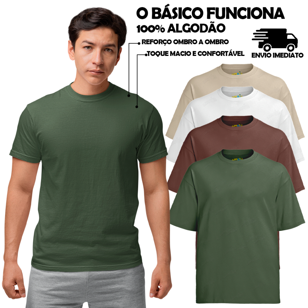 Kit 4 Camisetas Básica Lisa 100% Algodão Verde Marrom Branco Bege Camisa Camiseta Básica