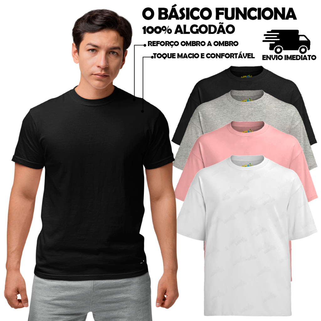 Kit 4 Camiseta Básica Lisa 100% Algodão Preto Branco Cinza Mescla e Rosa Bebê Camisa Camiseta Básica