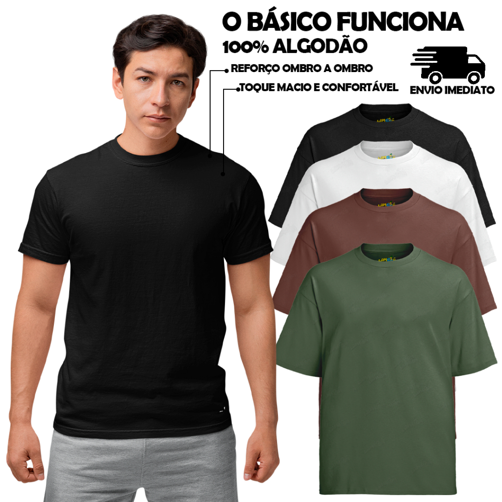 Kit 4 Camisetas Básicas Lisa 100% Algodão Preto Branco Marrom e Verde Camisa Camiseta Básica