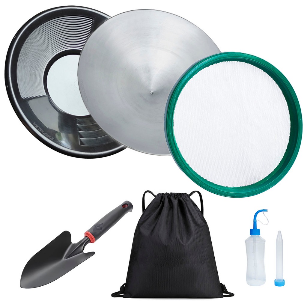 Kit Garimpo 6 peças Bateia Americana Tradicional Peneira Pazinha Bolsa saco Sugador