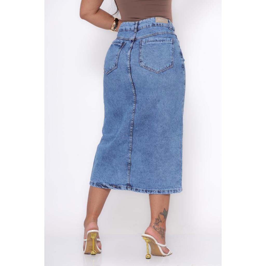 Detalhes do Saia Jeans Longa Midi  Bolso Evangélica