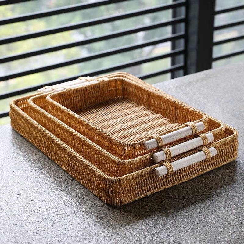 Bandeja imitação de vime para sala de estar Bandeja de chá para restaurante Bandeja de pão Cesta de armazenamento