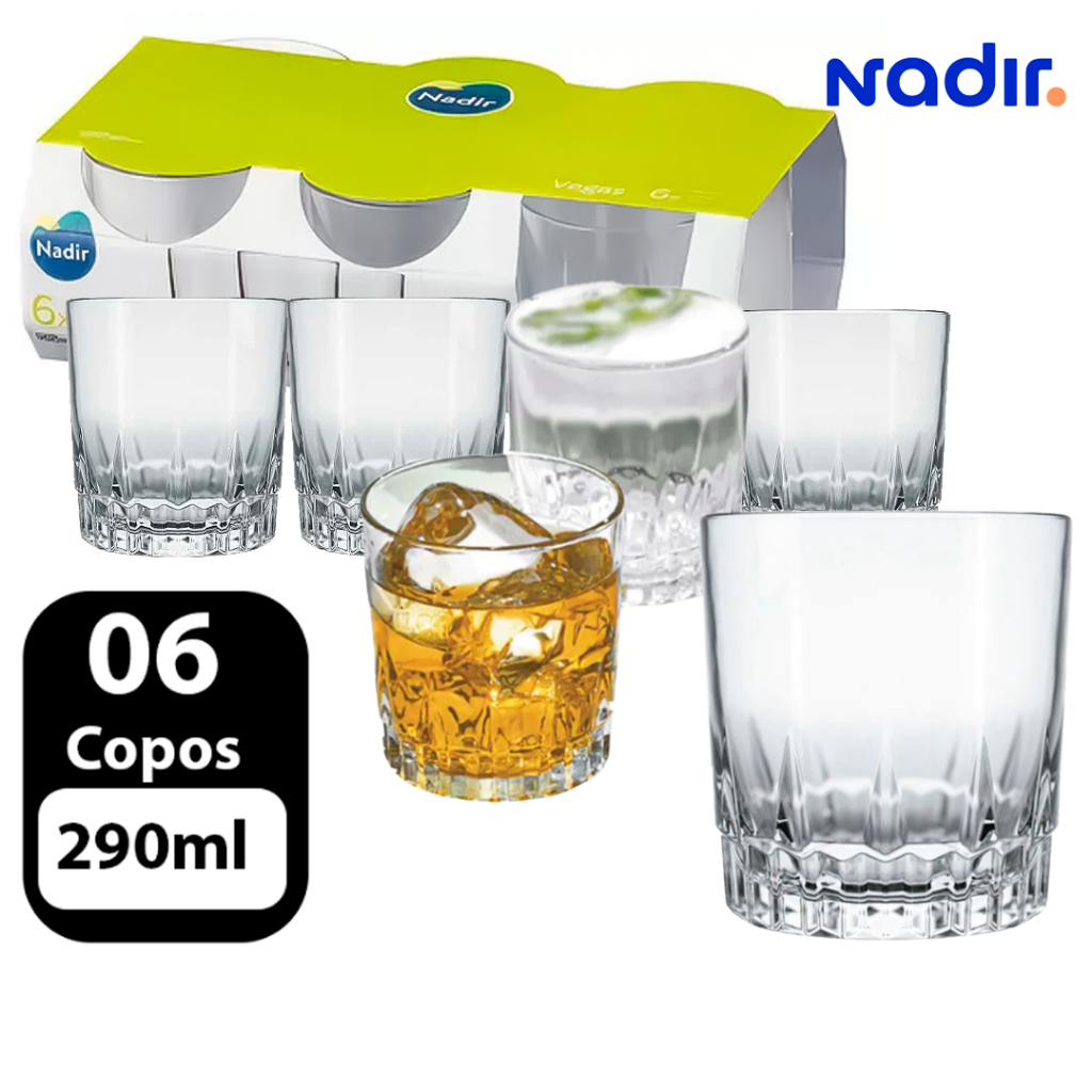 Jogo Conjunto 06 Copos Vidro 290ML Vegas Whisky Drink Batida Coquetéis Gin Tonica Vidro Resistente