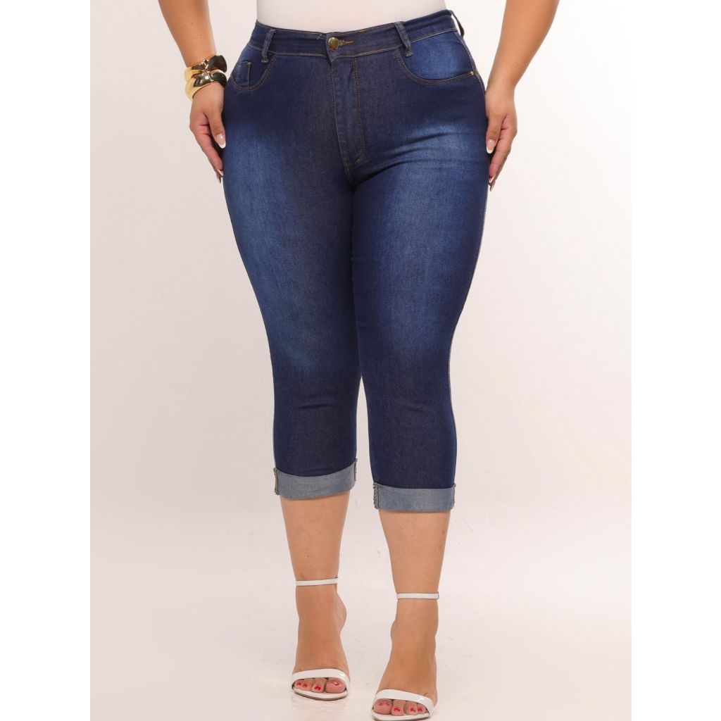 Calça Jeans Capri Feminina Plus Size Cintura Alta Empina Bumbum Modeladora Curve Moda Maior em Oferta na Shopee