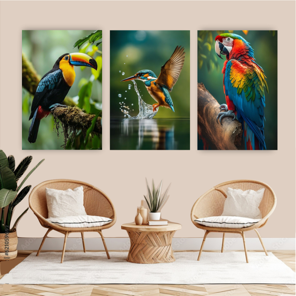 Quadro decorativo 3 peças aves silvestres arara tucano beija flor decoração para pet shop