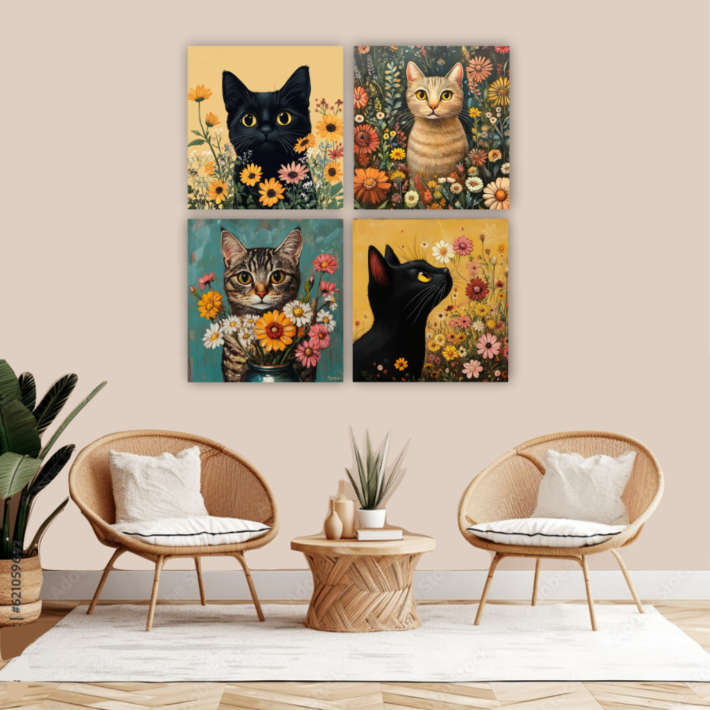 Quadro decorativo 4 peças gatinhos gatos decoração para sala quarto área de lazer pet shop