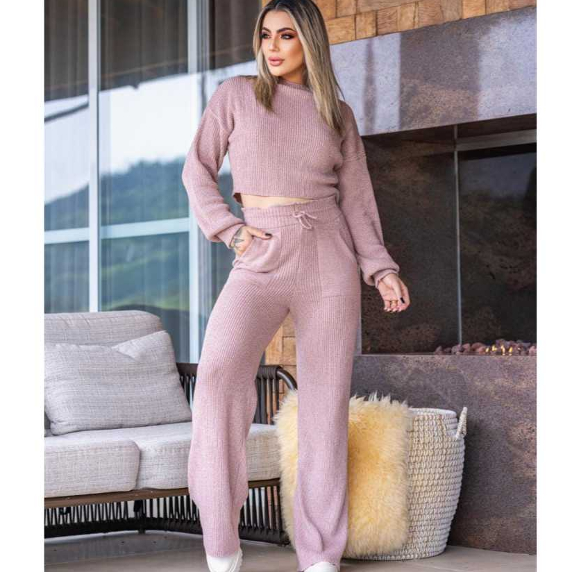 Conjunto de Frio Lançamento Calça e Cropped Mousse Inverno Tricô Tricot Moda Feminino