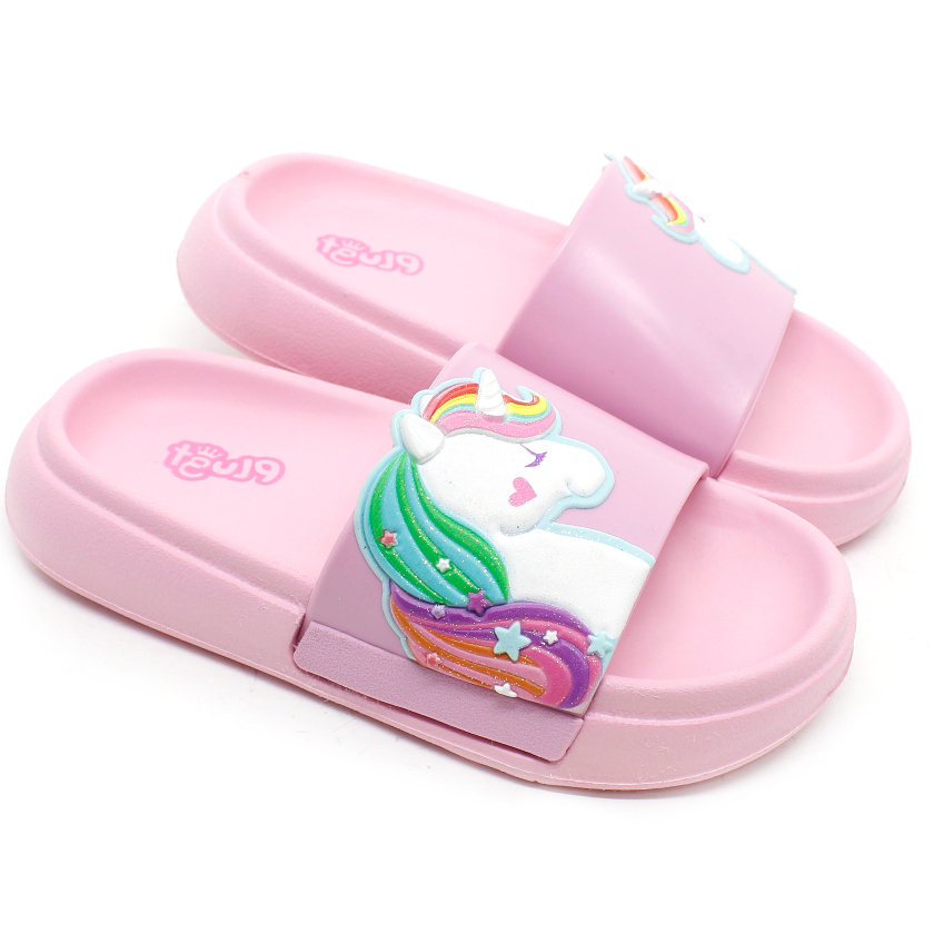 Chinelo Slide Nuvem Infantil Plugt Menina Floquinho Leve Confortável Macio Fofo Divertido Unicórnio Glitter Rosa - Baby & Kids Fashion