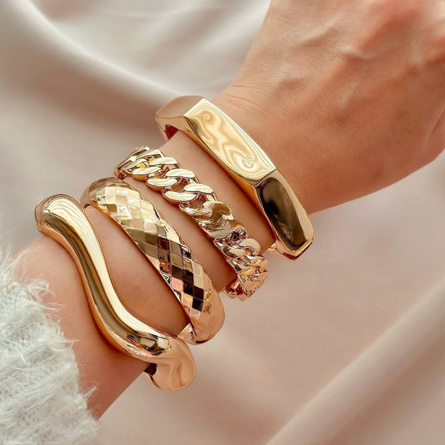 Conjunto com 4 Braceletes Grossos Maximalista Dourado Femininas  Bracelete Maxi Acessórios Femininos em Oferta na Shopee