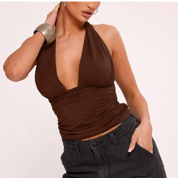 TOP  FRENTE ÚNICA COM DETALHE FRANZIDO AMARRAÇÃO NO PESCOÇO em Oferta na Shopee