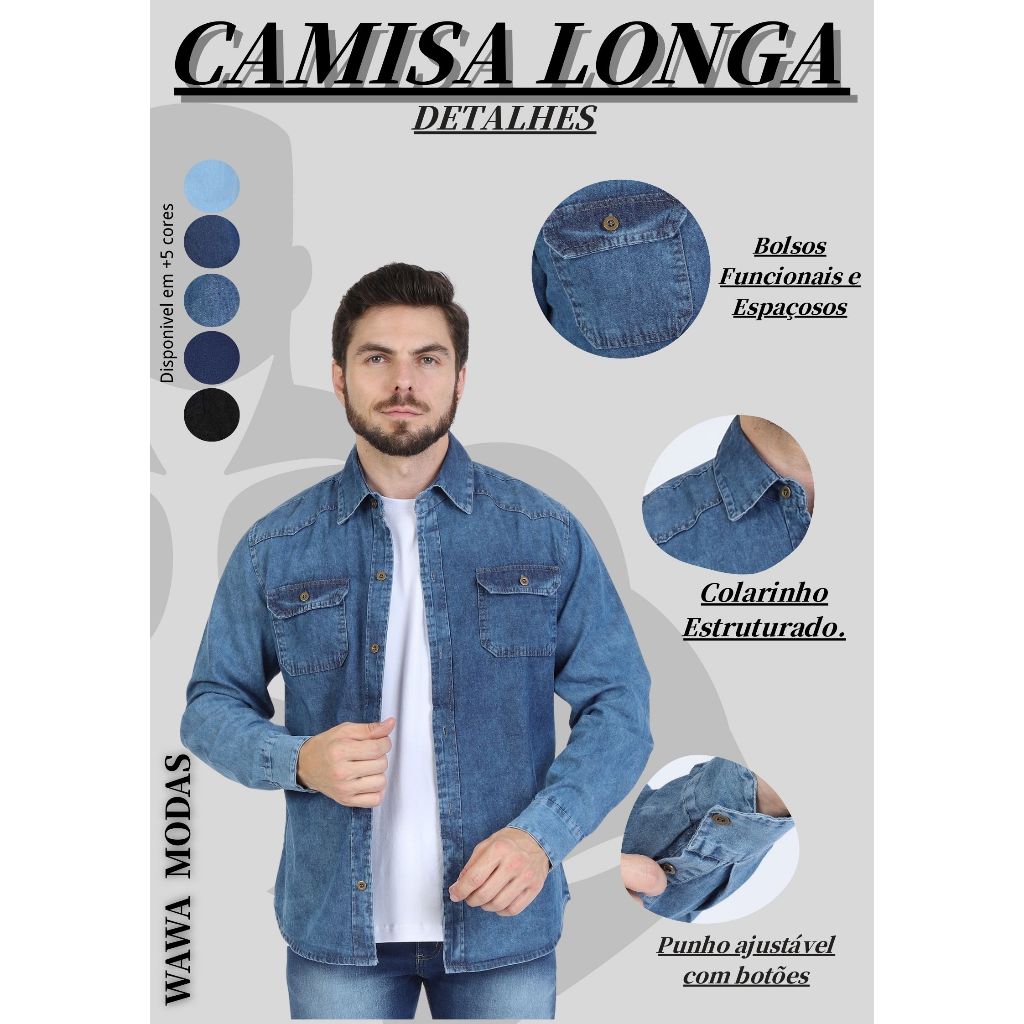 Camisa Masculina Jeans Azul Manga Comprido Casual Trabalho Social Moda Estilo Chic
