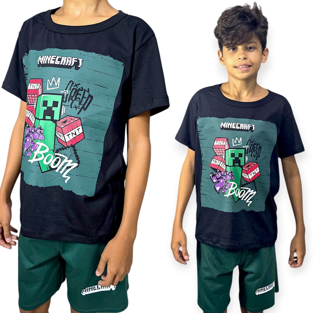 Conjunto Infantil Juvenil Minecraft Camisa e Short em Oferta na Shopee