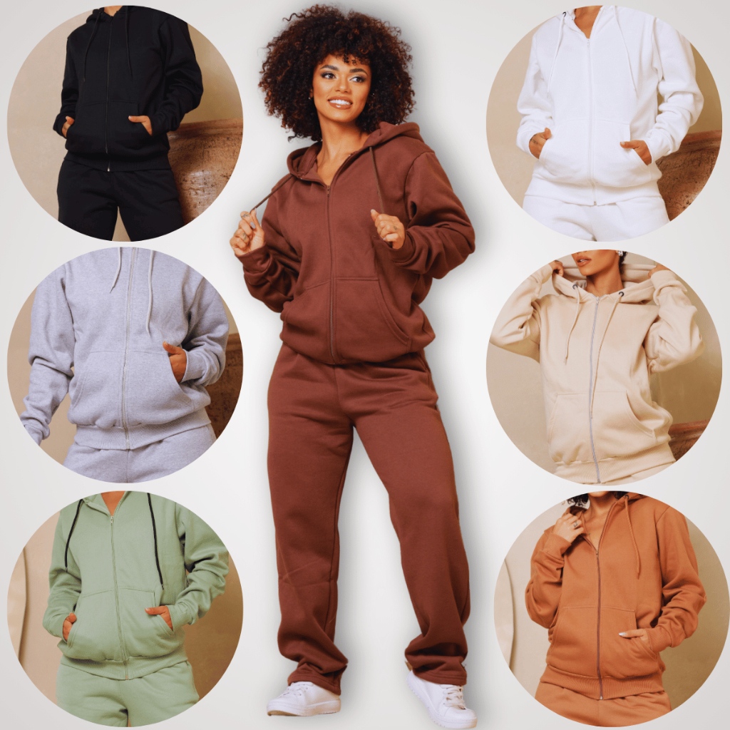 Conjunto Moletom Femenino Blusa Ziper Calça Barra Reta Bolso