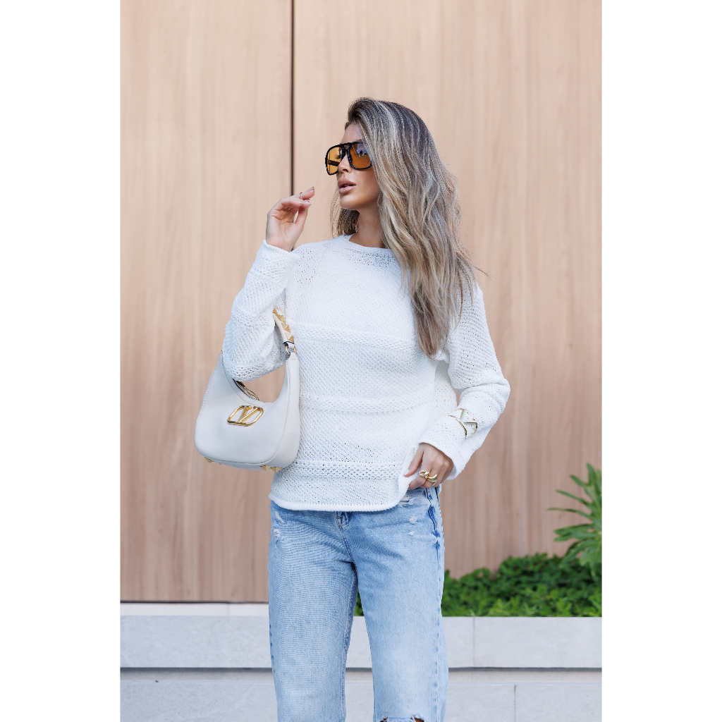 Blusa Feminina de Frio Lã Inverno Manga Longa Textura Ponto Crochê Fio Chenilly