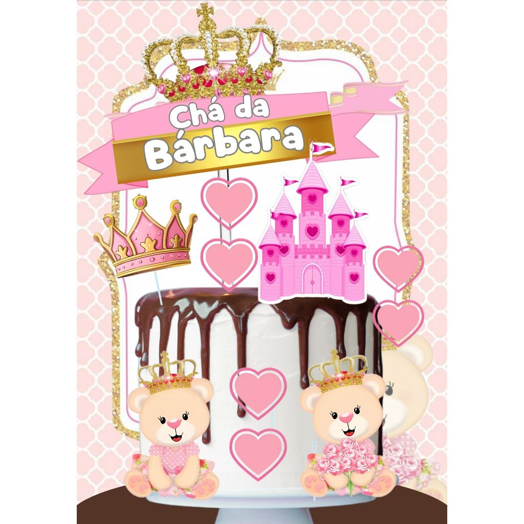 Topo Topper De Bolo Ursa Realeza princesa personalizado Festa Chá revelação bebe
