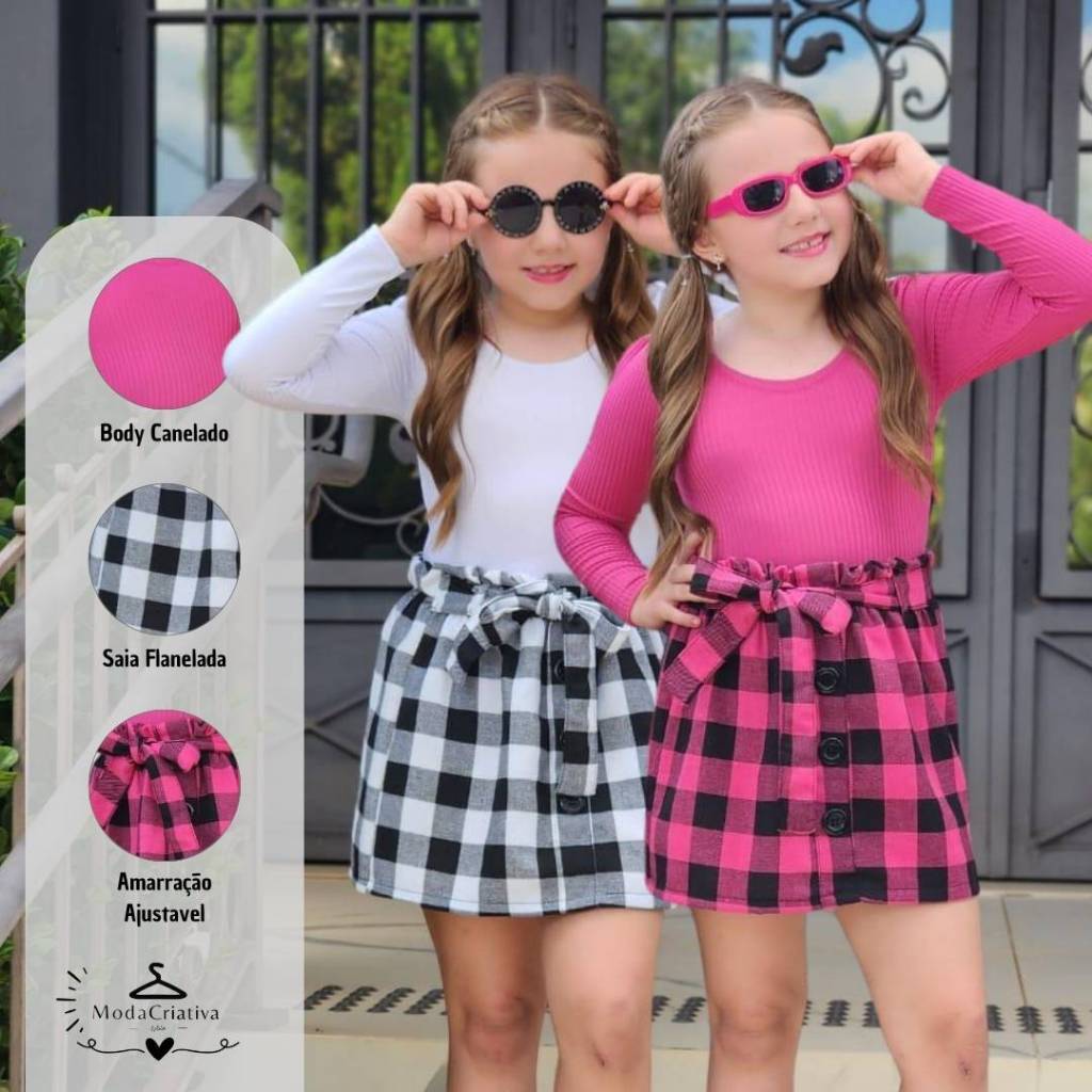Conjunto Infantil Menina Saia Xadrez e Body Canelado Manga Longa Blogueirinha Festa Junina Country