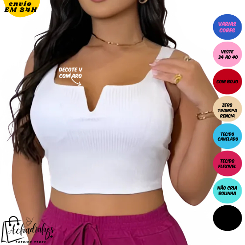 Regata cropeed feminina decote V com aro blusa de alça alcinha canelada com forro e bojo-Liso Básico