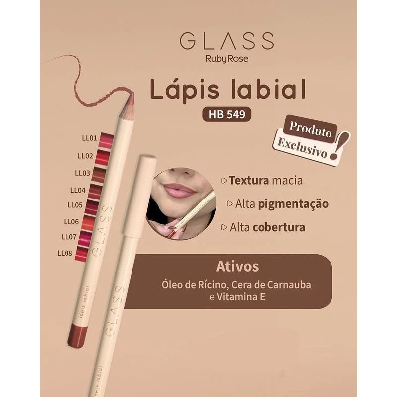NOVIDADE Lápis Labial Linha Glass Apontável Alta Pigmentação by Ruby Rose - HB549 em Oferta na Shopee