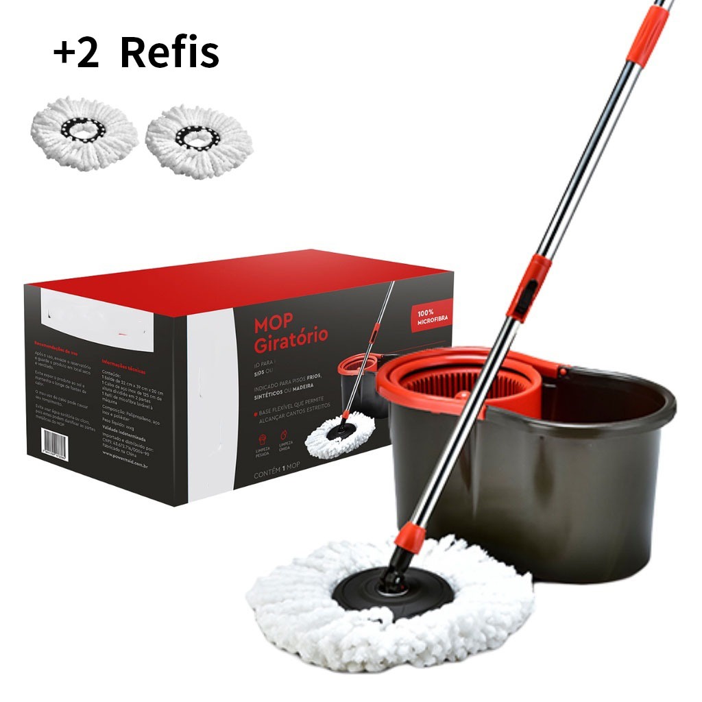 Mop Giratório 360°Regulável Balde 2 Refis Microfibra com original Rodinha E Alça Rodo Limpeza