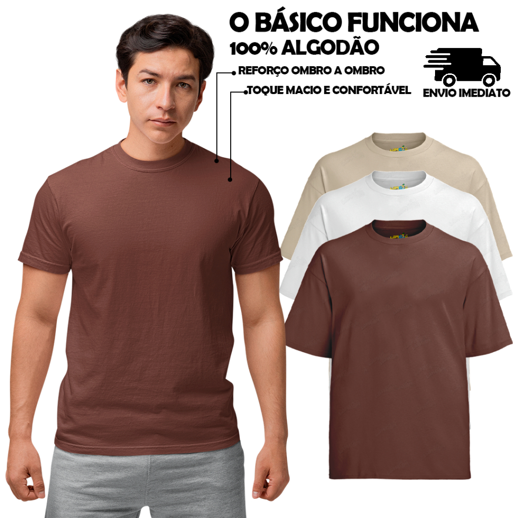Kit 3 Camisetas Básicas Lisa 100% Algodão Marrom Branco e Bege Camisa Camiseta Básica