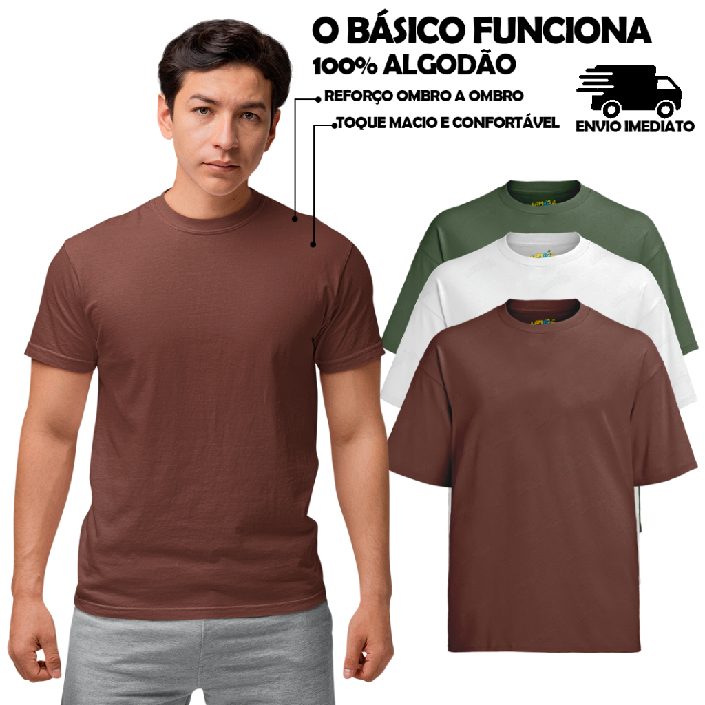 Kit 3 Camiseta Básicas Lisa 100% Algodão Marrom Branco e Verde Camisa Camiseta Básica