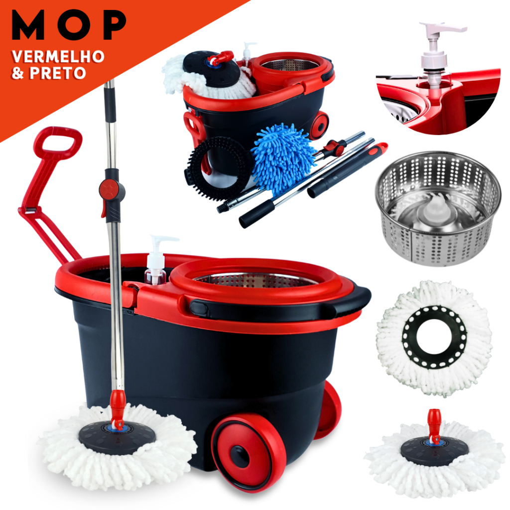 Mop Giratório Inox com cabo de 150 cm -  Rodas e Alça | Kit Completo Para Limpeza Sem Esforço - BC