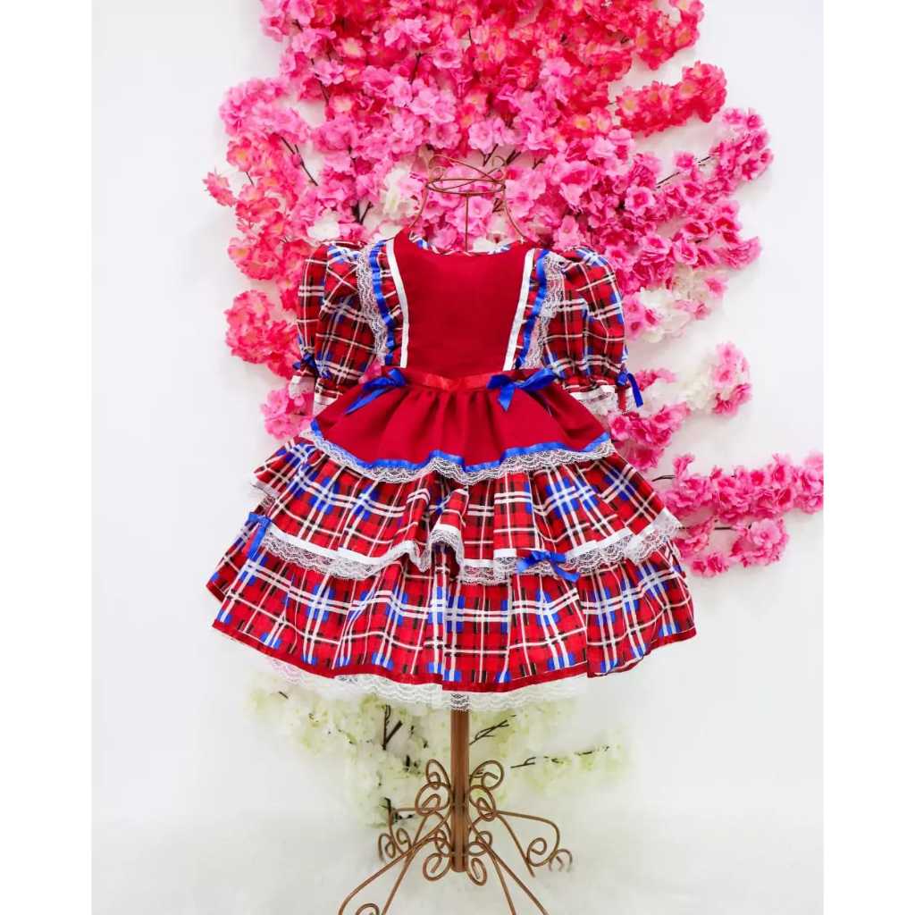 Vestido infantil juvenil vermelho xadrez tam 4 a 12