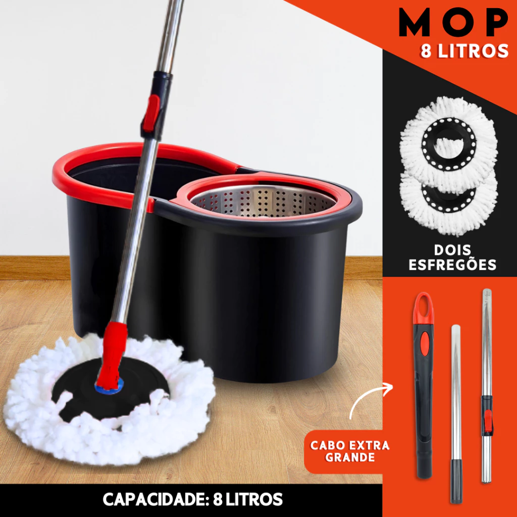 Mop Giratório Cabo de 140 cm + 2 Refis - 8 Litros Cesto Em Inox - Balde Centrífuga Esfregão
