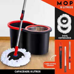 Mop Giratório Cabo de 140 cm + 2 Refis - 8 Litros Cesto Em Inox - Balde Centrífuga Esfregão
