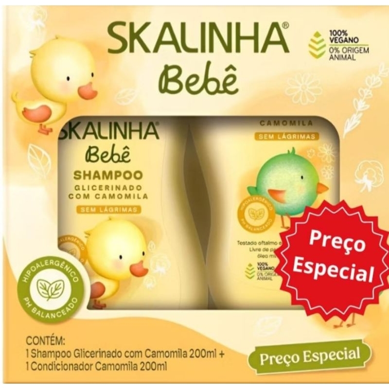 Kit SKALINHA BEBÊ SHAMPOO É CONDICIONADOR GLICERINADO COM CAMOMILA 200ML SEM LÁGRIMAS NO BANHO