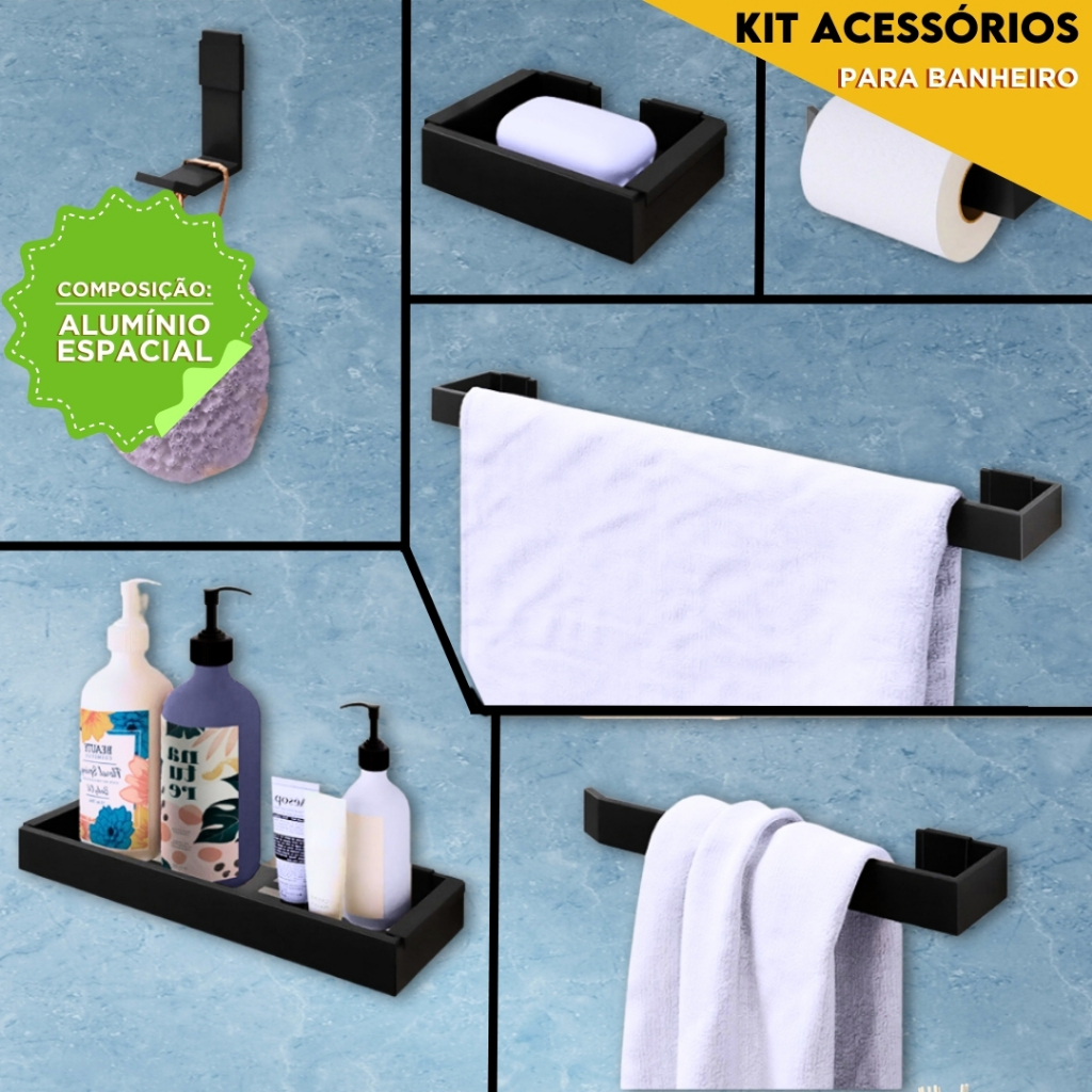 Acessórios Para Banheiro Kit c/ 6 Peças - Porta Shampoo Porta Toalha Porta Sabonete - BC