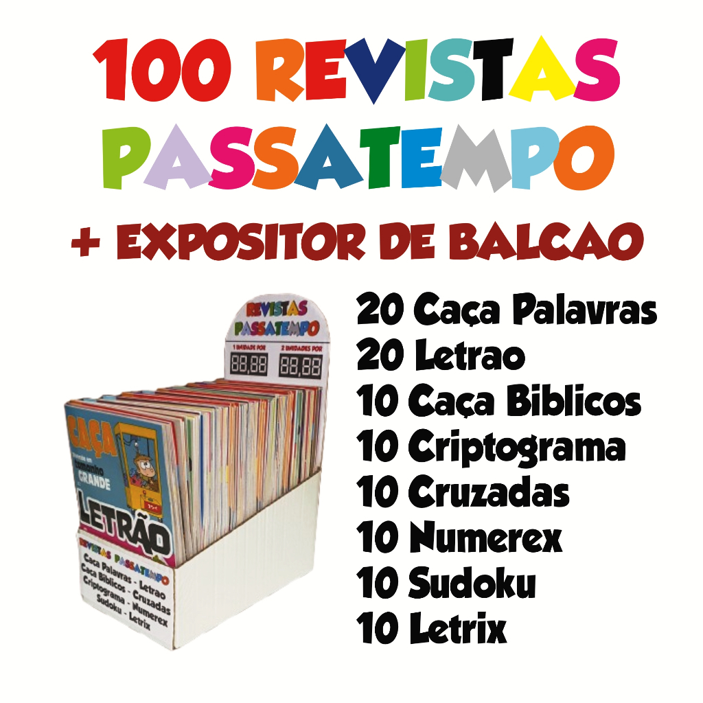 Kit com 100 Revistas Passatempo Sortidas + Expositor de Balcão com Marca Preço